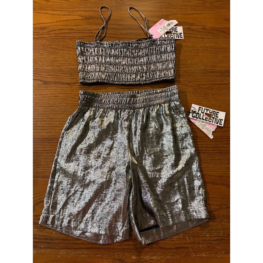 Future Collective Alani Noelle Metallic Crop Top Shorts Set XS NWT Silver Gray
